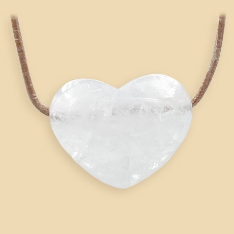 Heart pendant rock crystal large, 3 x 2.5 cm, with leather strap natural